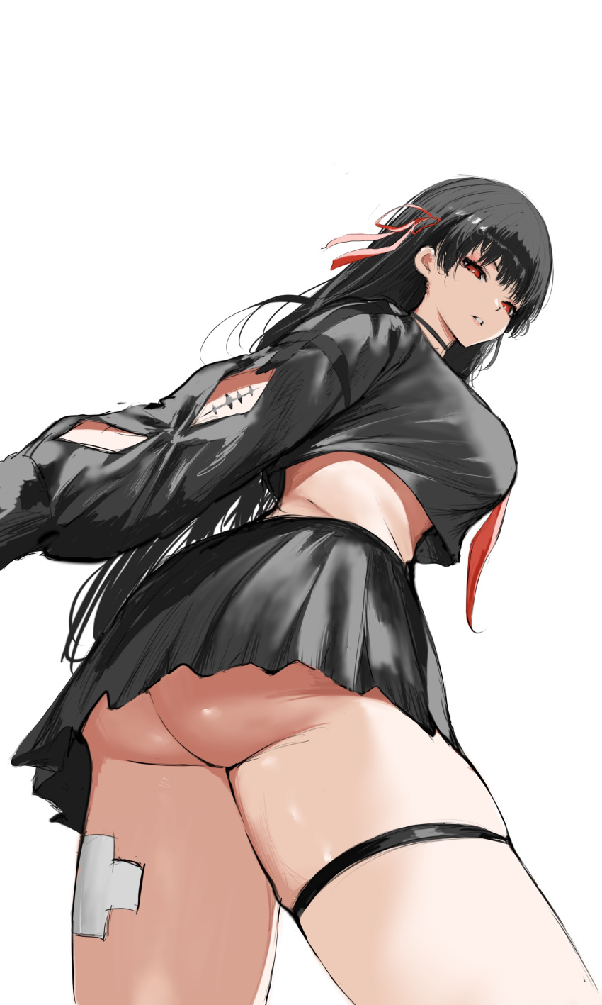 Rule 34 – absurdres ass black hair black serafuku black skirt breasts chisa (wuthering waves) cowboy shot female from below hair ribbon highres large breasts long hair looking at viewer looking down midriff miyou neckerchief parted lips pleated skirt red eyes red neckerchief red ribbon ribbon school uniform serafuku simple background skirt solo tacet mark (wuthering waves) white background wuthering waves | 13736145
