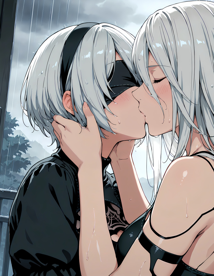 Rule 34 – 2girls ai generated blindfold blush clothing eyes closed female female focus female only girl on girl highres holding face kiss kissing light-skinned female nier: automata outdoors rain wet skin white hair yorha 2b yorha commander yuri | 13787012