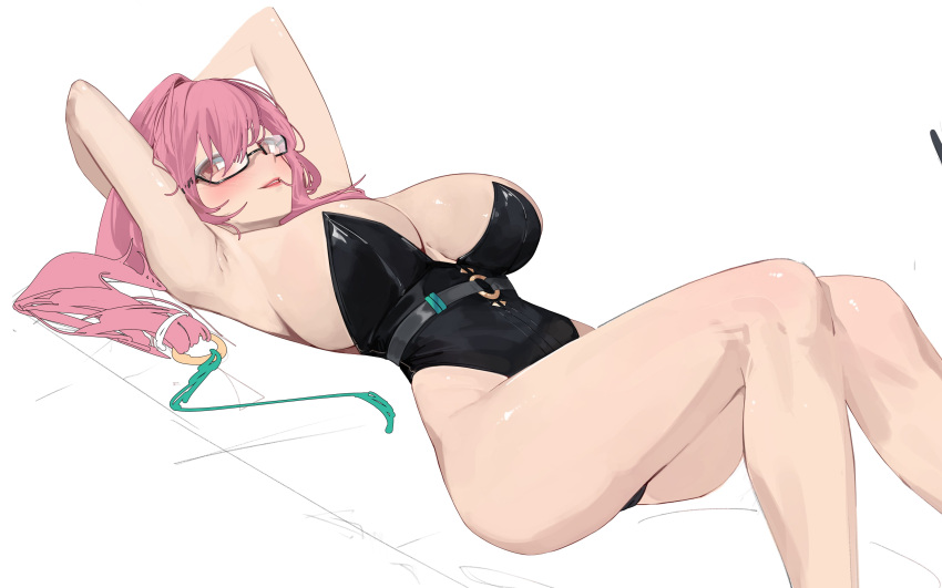 Rule 34 – absurdres armpits arms up black leotard breasts female glasses hair between eyes highres jaihu large breasts leotard long hair looking at viewer lying on back pink eyes pink hair solo strapless strapless leotard thighs tsukishiro yanagi zenless zone zero | 13742598