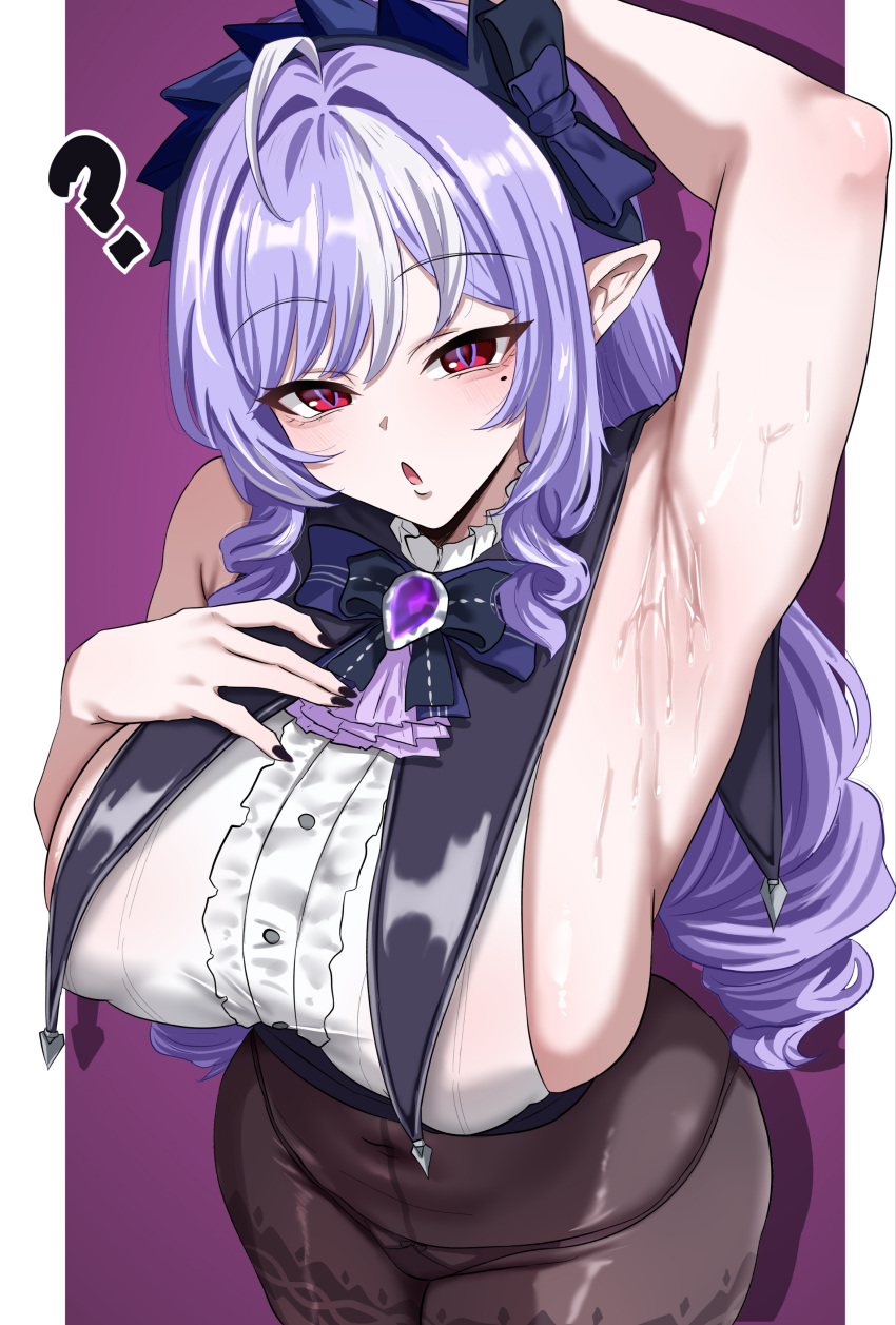 Rule 34 – ? absurdres ahoge arm up armpits black panties black pants breasts female grey hair hand on own chest heart highres large breasts long hair looking at viewer mole mole under eye open mouth panties pants pointy ears red eyes shirt smile solo underwear vivian (zenless zone zero) vivian banshee white shirt woo (woosan) zenless zone zero | 13934126