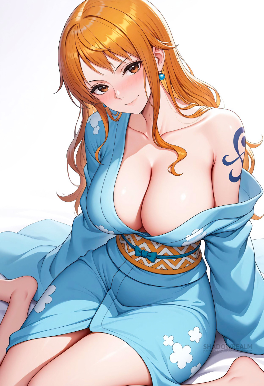 Rule 34 – ai generated bare shoulders barefoot blue kimono blush breasts brown eyes cleavage closed mouth collarbone earrings female floral print japanese clothes jewelry kimono large breasts long hair long sleeves looking at viewer nami (one piece) obi off shoulder one piece orange hair sash shadowrealmarts shoulder tattoo simple background single bare shoulder sitting smile solo tattoo thighs uncensored wariza white background | 13787099