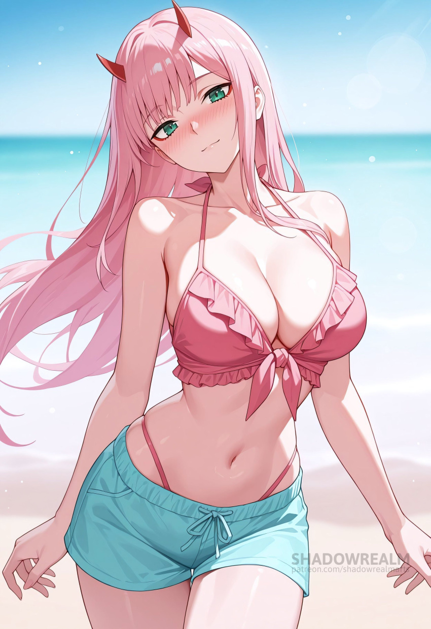 Rule 34 – ai generated bare arms bare shoulders beach bikini blue shorts blue sky blurry blurry background blush breasts cleavage closed mouth collarbone cowboy shot darling in the franxx day female frilled bikini frills front-tie bikini top front-tie top green eyes halterneck head tilt highleg horns large breasts long hair looking at viewer navel ocean outdoors pink bikini pink hair red horns shadowrealmarts short shorts shorts sky smile solo stomach swimsuit thigh gap thighs uncensored zero two (darling in the franxx) | 13789307