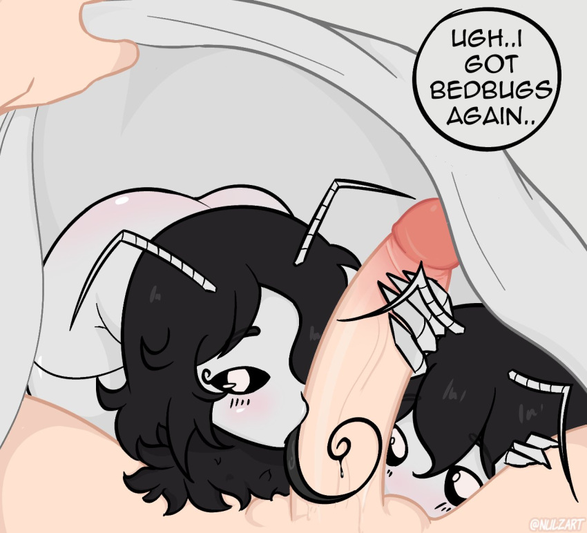 Rule 34 – 1boy 2d 2girls bed blanket bug girl english text female light-skinned male male nulzart oral oral sex original original character original characters penis pov pov eye contact sucking balls text text bubble under blanket | 13751684