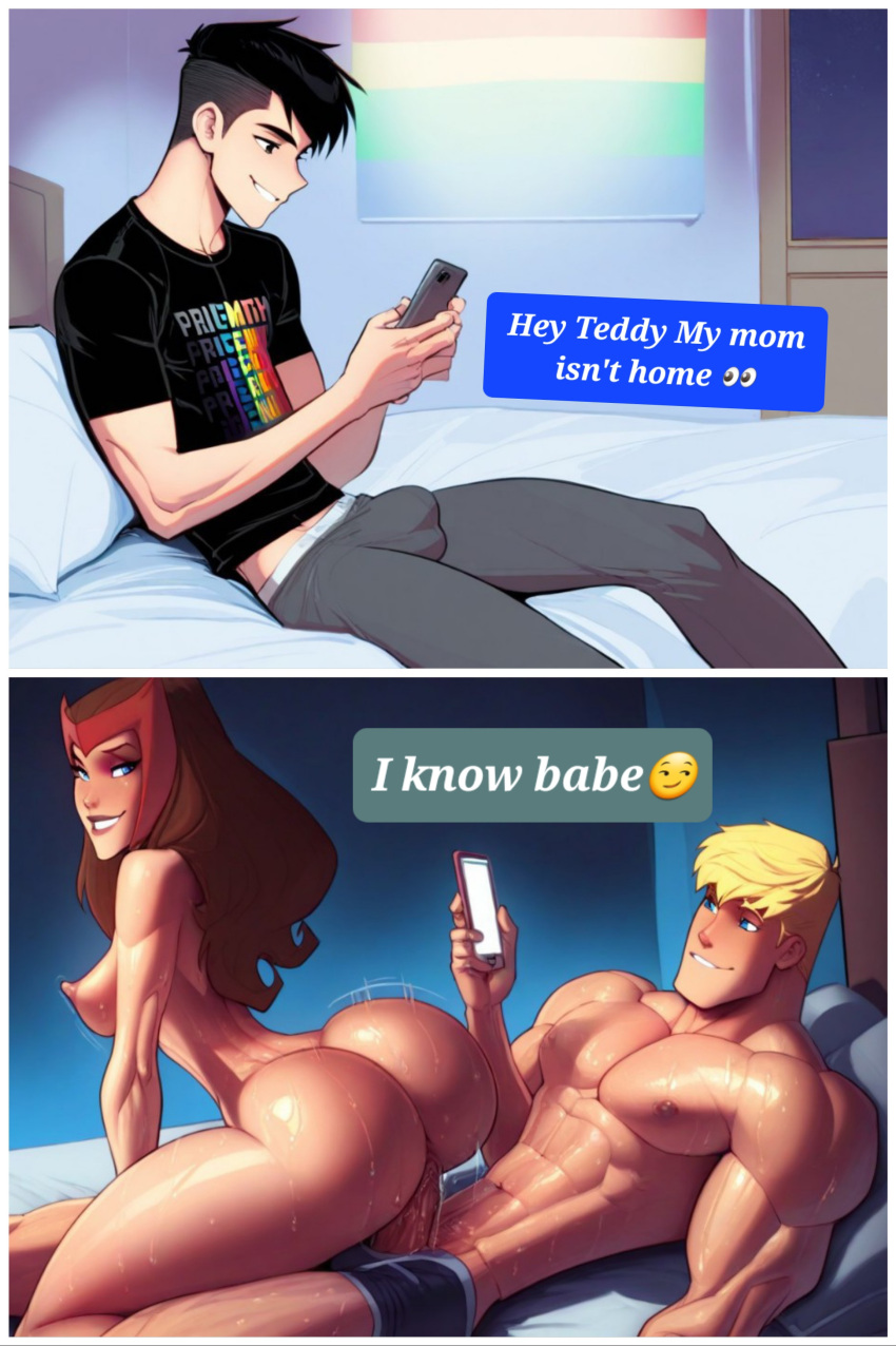 Rule 34 – 1girls 2boys ai generated big biceps big pecs billy kaplan blonde hair boxers (clothing) bulge cheating boyfriend cucked by mother cuckold gay male gay to straight gay with woman holding phone huge cock hulkling jock marvel marvel comics milf muscular male my dad isn’t home (meme) ntr pride color clothing pride color flag pride month reverse cowgirl position scarlet witch sweat teddy altman texting wanda maximoff wiccan younger male | 13905918