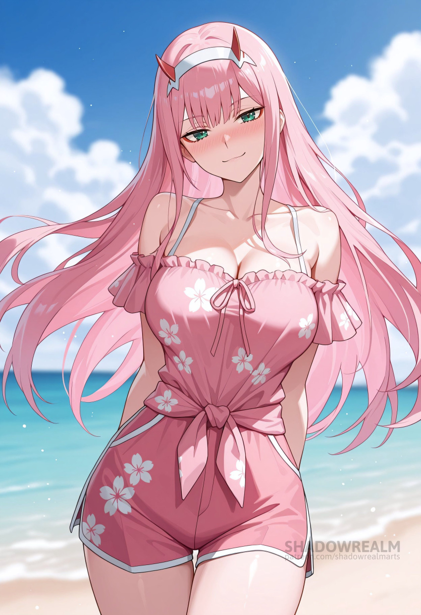 Rule 34 – ai generated arms behind back bare shoulders beach blue sky blush breasts cleavage closed mouth cloud collarbone cowboy shot darling in the franxx day female floral print green eyes hairband horns large breasts long hair looking at viewer ocean off-shoulder shirt off shoulder outdoors pink hair pink shirt pink shorts shadowrealmarts shirt short shorts shorts sky smile solo thigh gap thighs uncensored water web address white hairband zero two (darling in the franxx) | 13789310