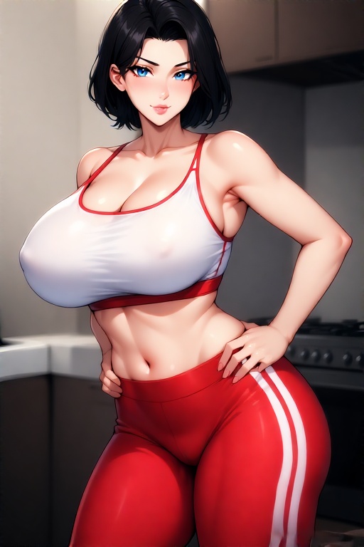 Rule 34 – black hair blue eyes curvy female curvy figure hands on hips hourglass figure naughty one original original character red yoga pants seductive pose seductive smirk short hair white sports bra | 14288438