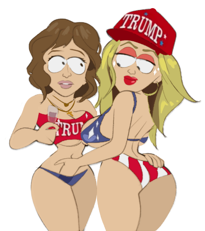 Rule 34 – 2girls american flag bikini bikini blonde hair brown hair female female only maga hat south park unnamed character | 14270995