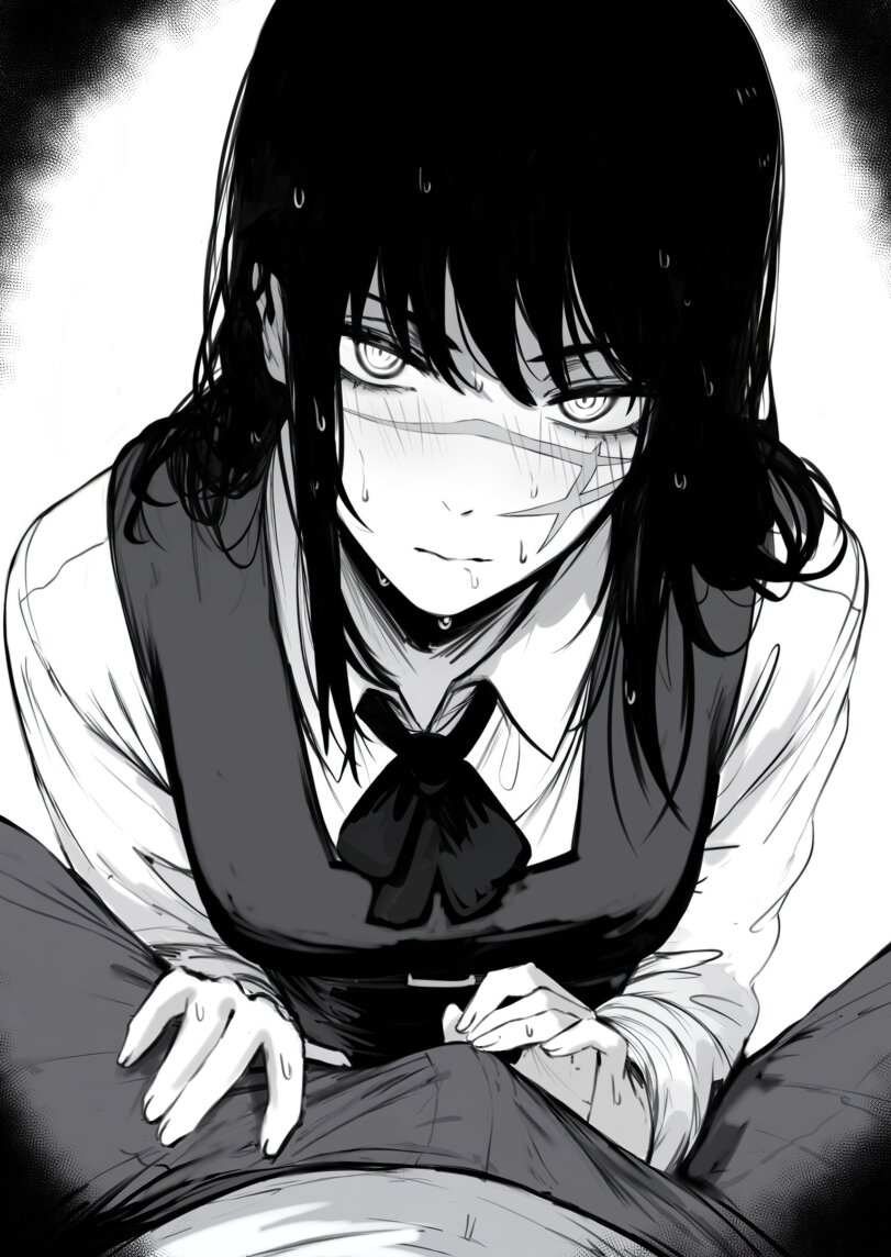 Rule 34 – 1boy 1female 1girls 2d big breasts black and white breasts chainsaw man clothed denji (chainsaw man) female female focus looking at viewer mitaka asa sweat touching penis yoru (chainsaw man) | 14296203