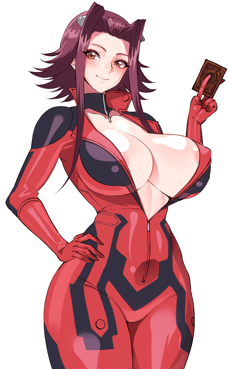 Rule 34 – akiza izinski areola slip biker clothes bikesuit bodysuit breasts brown eyes card commentary request covered erect nipples female female focus hair ornament highres holding holding card izayoi aki large breasts partially unzipped purple hair red bodysuit short hair with long locks simple background skin tight smile solo female volyz white background yu-gi-oh! yu-gi-oh! 5d’s | 14068361