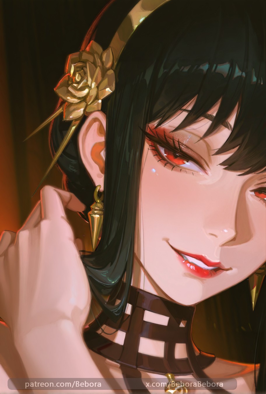 Rule 34 – aesthetic ai assisted ai generated anime bebora black hair close-up face pale skin patreon username portrait red eyes smile spy x family yor briar yor forger | 14033559
