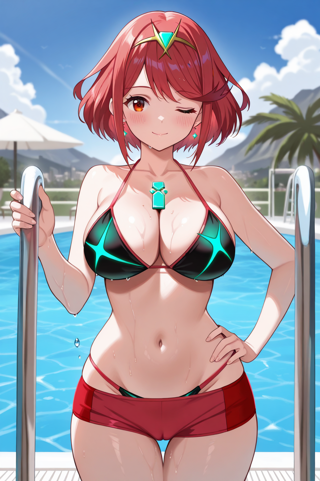 Rule 34 – 1girl ;\\\\) ai-created ai generated bangs bare shoulders beach bikini black bikini black swimsuit blue sky blush bob cut bodily fluids breasts cameltoe chest jewel clavicle cleavage closed mouth clothing cloud cowboy shot crown day drop earrings earrings eyebrows female female only halterneck hand on hip hand on own hip headpiece headwear high resolution highleg highleg swimsuit holding homura (xenoblade 2) jewelry ladder large breasts looking at viewer multicolored multicolored bikini multicolored clothes multicolored swimsuit navel ocean one eye closed outdoors palm tree pool pool ladder poolside portrait pyra (xenoblade) red bikini red eyes red hair red shorts red swimsuit rena aikawa (pixiv user) shiny shiny skin short hair short shorts shorts skindentation sky smile solo standing stomach sweat swept bangs swimsuit thick thighs thigh gap thighs tiara tree two-tone bikini two-tone swimsuit umbrella water wet wink xeno (series) xenoblade (series) xenoblade chronicles 2 | 14022427