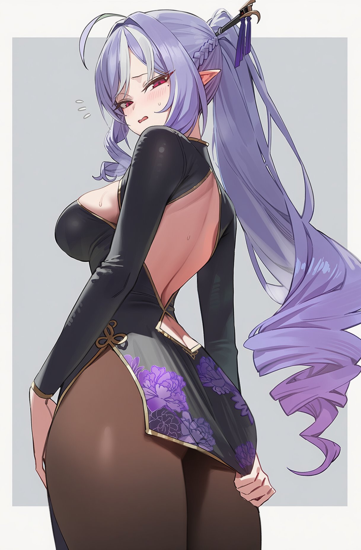 Rule 34 – 1girls aiart fring ass back cutout black dress blush border braid breasts brown pantyhose clothes tug clothing cutout commentary cowboy shot dress dress tug embarrassed female floral print floral print dress flying sweatdrops from behind grey background half-closed eyes highres japanese commentary long hair long sleeves looking at viewer median furrow medium breasts microdress model request mole mole under eye multicolored hair open mouth outside border pantyhose pointy ears print dress purple hair red eyes side slit simple background solo standing streaked hair sweat vivian (zenless zone zero) vivian banshee wavy mouth white border white hair zenless zone zero | 14289088