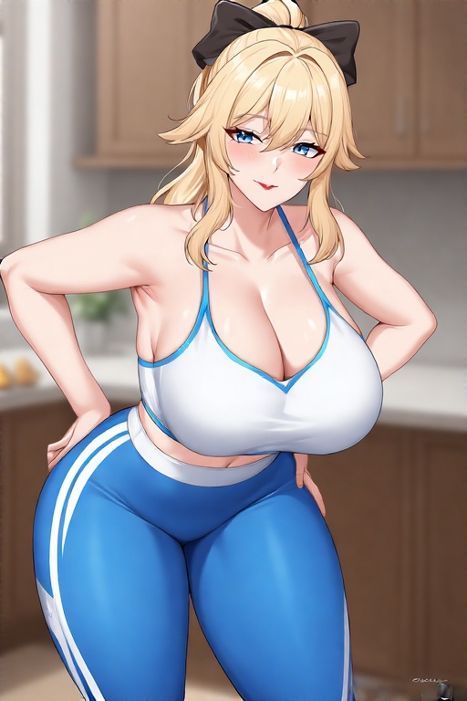 Rule 34 – blonde hair blue eyes blue yoga pants curvy female curvy figure genshin impact hands on hips hourglass figure jean gunnhildr naughty one ponytail red eyes seductive pose seductive smirk white sports bra | 14288737