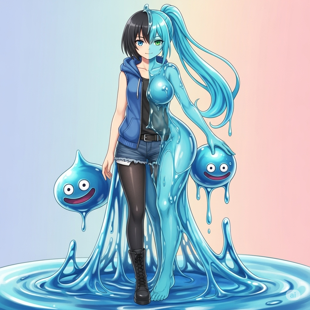 Rule 34 – 2girls ai generated black boots black hair black legwear black shirt blue eyes blue hair blue hoodie cleavage fusion green eyes hair human female large breasts long medium breasts nude ponytail short hair sleeveless shirt slime slime girl transformation transformation sequence | 14044423