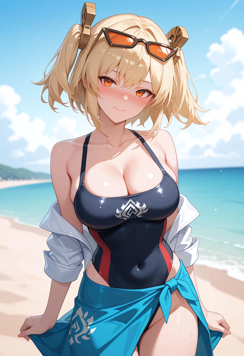 Rule 34 – ai generated bare shoulders beach black one-piece swimsuit blonde hair blue sky blush breasts burnice white cleavage closed mouth cloud collarbone covered navel cowboy shot day eyewear on head female highleg highleg swimsuit large breasts looking at viewer mole ocean off shoulder one-piece swimsuit open clothes open shirt orange eyes outdoors sarong shadowrealmarts shirt short hair sky smile solo sunglasses swimsuit twintails two side up uncensored water white shirt zenless zone zero | 14041178