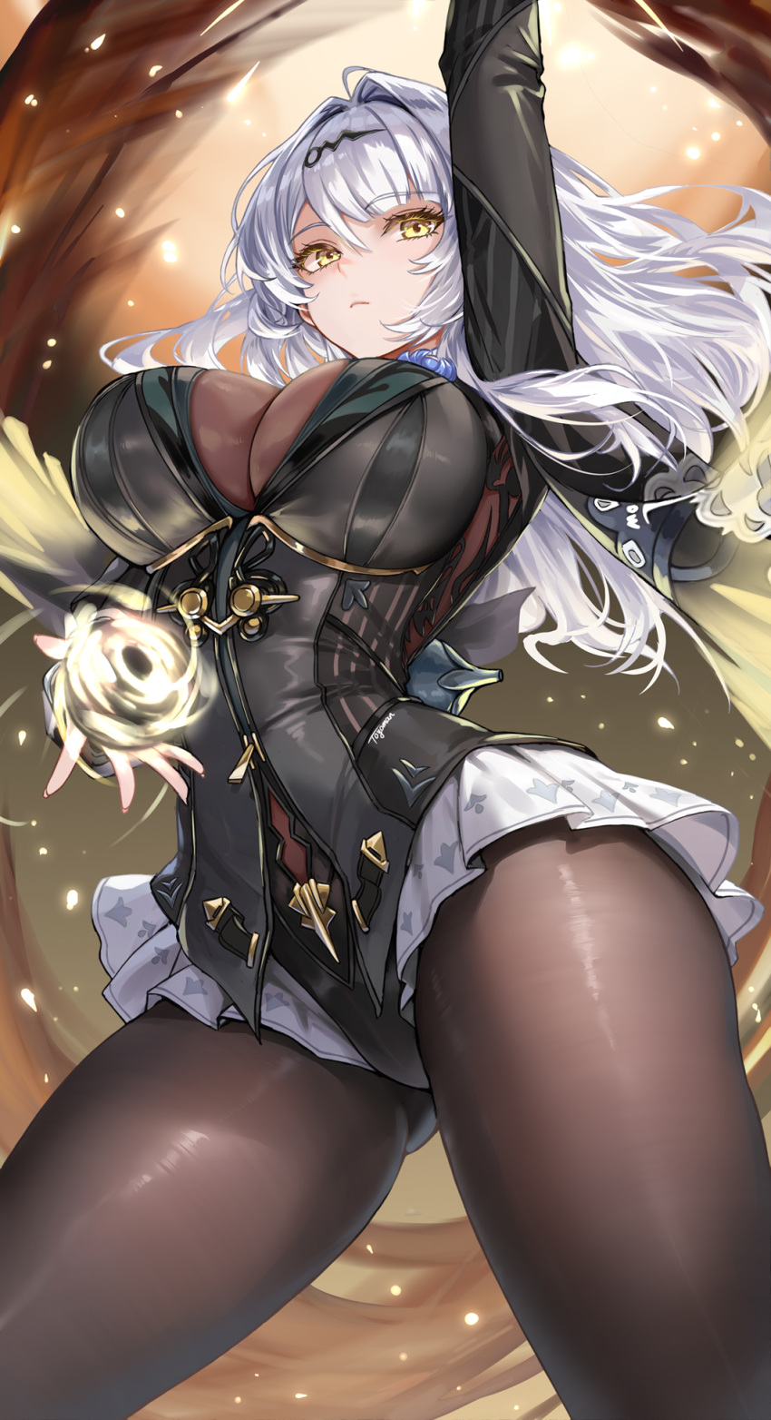 Rule 34 – arm up black pantyhose breasts closed mouth female from below gluteal fold hair ornament highres large breasts long hair looking at viewer official alternate costume pantyhose solo thighs toyoman white hair yellow eyes yixuan (zenless zone zero) zenless zone zero | 14085669