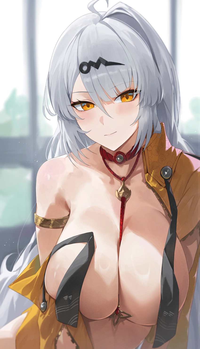 Rule 34 – 1girls absurdres ahoge armlet between breasts blush breasts cleavage closed mouth convenient censoring female grey hair hair ornament highres huge breasts jacket jewelry long hair necklace off shoulder orange jacket single bare shoulder solo white hair window yellow eyes yixuan (zenless zone zero) yonesdraws zenless zone zero zipper | 14181744