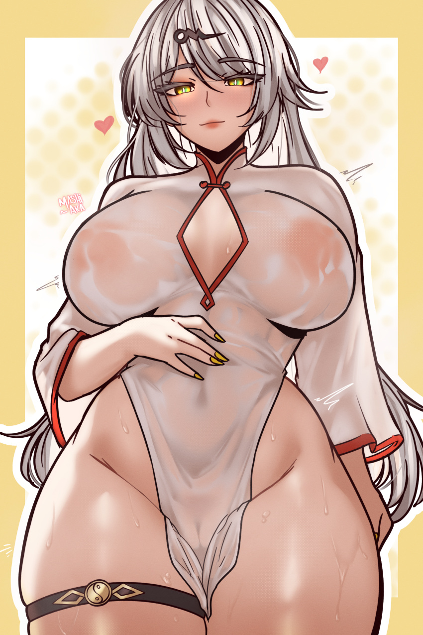 Rule 34 – absurdres artist name blush border breasts china dress chinese clothes cleavage cleavage cutout closed mouth clothing cutout dress eyebrows hidden by hair eyes visible through hair female green eyes hair ornament hairclip hand on own stomach heart highleg highleg dress highres large breasts lipstick long hair looking at viewer makeup mashiaka multicolored eyes nipples outside border panties pelvic curtain pussy red lips see-through clothes see-through dress short dress smile solo standing thigh strap thighs turtleneck turtleneck dress underwear very long hair wet wet clothes white background white dress white hair yellow border yellow eyes yixuan (zenless zone zero) zenless zone zero | 14131054