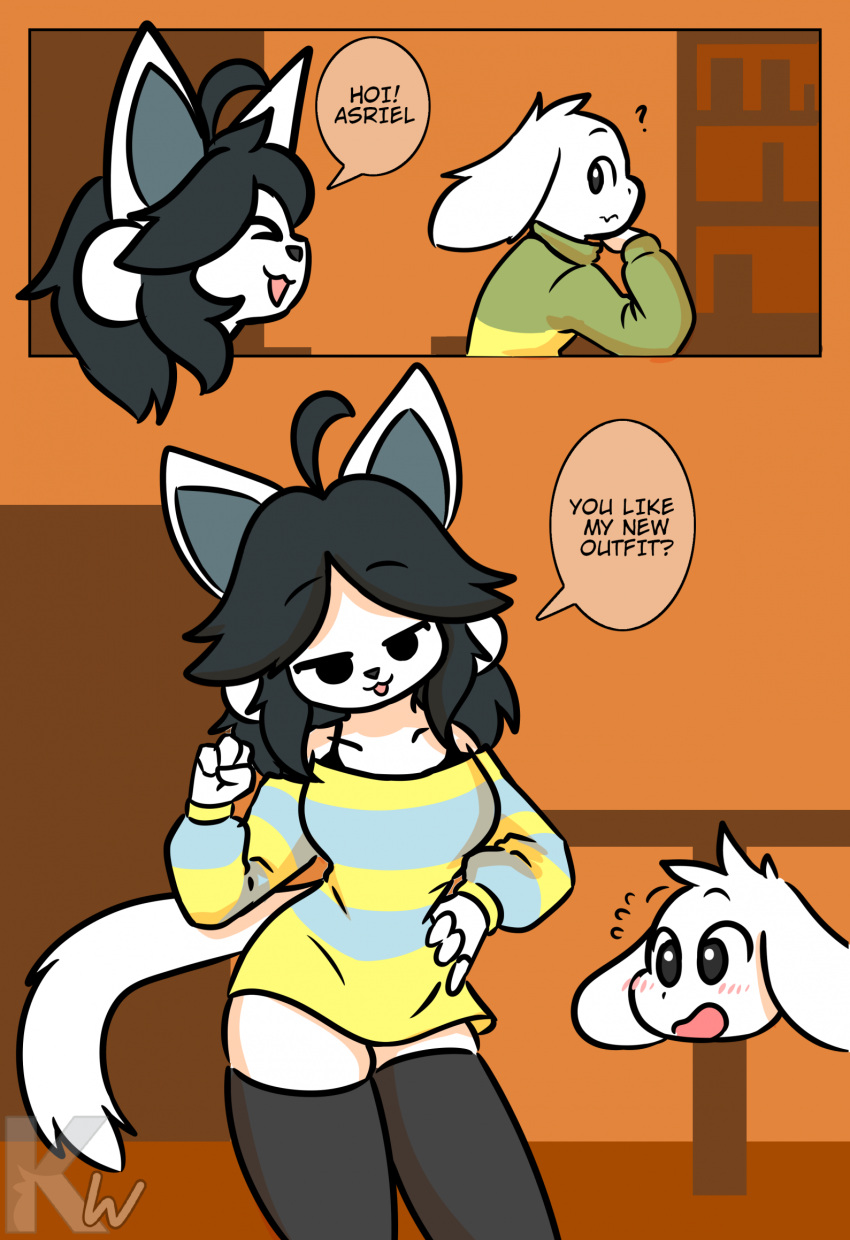 Rule 34 – 1boy1girl 2d anthro asriel dreemurr black bra black eyes black hair black thighhighs commission female imminent sex indoors kangwolf looking at another male striped clothing temmie (undertale) text thighhighs undertale white fur | 14102057