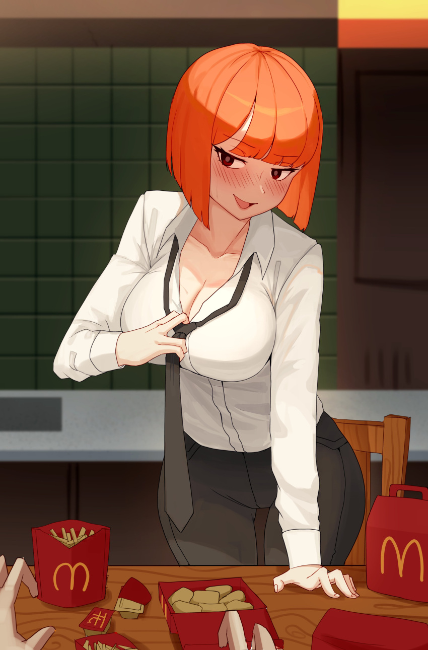 Rule 34 – 1boy 1girls absurdres black necktie black pants blush breasts brown eyes chicken nuggets cleavage collared shirt food french fries highres indoors large breasts looking at viewer mcdonald’s mother (yoru mac) necktie open mouth orange hair pants rajah (dajah) sauce packet shirt smile standing white shirt yoru mac | 14200275
