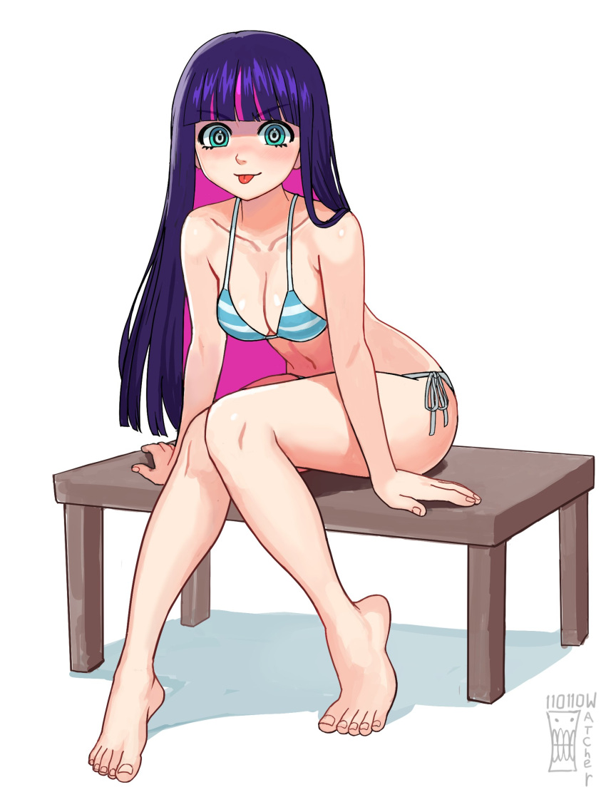 Rule 34 – 1girls angel artist logo barefoot bikini blue eyes cleavage curvy hollow watcher panty & stocking with garterbelt purple hair sitting sitting on bench stocking anarchy striped bikini tongue out watcher hollow white background | 14290191