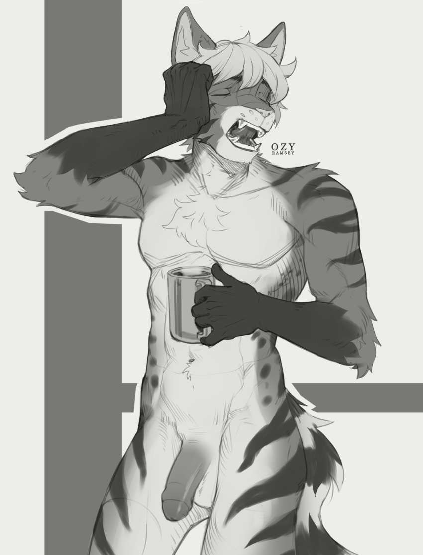 Rule 34 – anthro balls beverage black arms chest tuft closed eyes coffee coffee cup coffee mug container cup fangs felid feline flaccid foreskin fur genitals hair hand on face hi res holding container holding cup holding object humanoid genitalia humanoid penis inner ear fluff male mammal markings navel o.z.y. open mouth penis solo spots spotted body spotted fur striped body striped fur striped markings striped tail stripes tail tail markings teeth tongue touching face tuft yawn yawning position | 14050488
