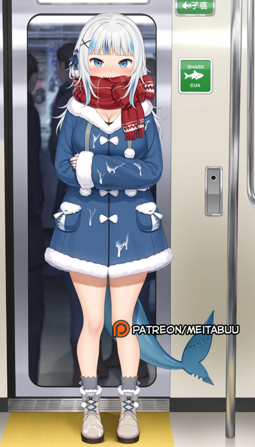 Rule 34 – ai generated alternate breast size alternate costume blue coat blue eyes blue hair blue nails blunt bangs blush boots breasts cleavage coat covered mouth crossed arms cum cum on clothes female fins fish tail full body fur trim gawr gura grey hair grey socks hair ornament hololive hololive english hololive myth large breasts long hair long sleeves looking at viewer meitabuu multicolored hair multiple boys red scarf scarf scarf over mouth shark girl shark hair ornament shark tail sharp teeth socks solo focus standing streaked hair tail train interior two-tone hair two side up virtual youtuber white footwear x hair ornament | 14010208