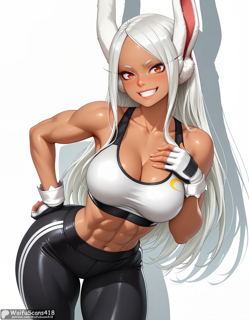 Rule 34 – abs ai generated animal ear fluff animal ears bangs bare shoulders black pants blush boku no hero academia breasts cleavage collarbone cowboy shot dark-skinned female dark skin english text female fingerless gloves gloves grin hand on hip hand on own chest high resolution highres large breasts lips long eyelashes long hair looking at viewer meme midriff mirko muscular muscular female my hero academia navel pants parted bangs rabbit ears rabbit girl red eyes smile solo sports bra stable diffusion teeth thighs waifuscans418 white gloves white hair white sports bra | 14242418