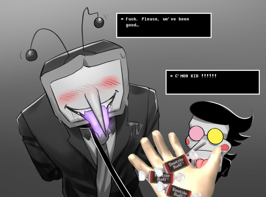 Rule 34 – 2boys antennae black hair blush blush lines candy clothed clothed male deltarune deltarune chapter 3 fangs glasses hand hand behind back hand tied holding object leash leash and collar leash pull male male/male meme meme reference pointy nose robot robot humanoid sitting sitting down sitting on floor smile spamton g spamton suit tenna (deltarune) tie tied tied up tongue tongue out tootsie roll tv tv head | 14061060