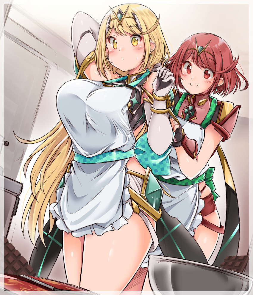 Rule 34 – 2girls absurdres apron blonde hair bowl breasts candy chocolate chocolate bar commentary request food highres jewelry kurokaze no sora large breasts long hair multiple girls mythra (xenoblade) pyra (xenoblade) red eyes red hair short hair skindentation thighs xenoblade chronicles (series) xenoblade chronicles 2 yellow eyes | 14045586