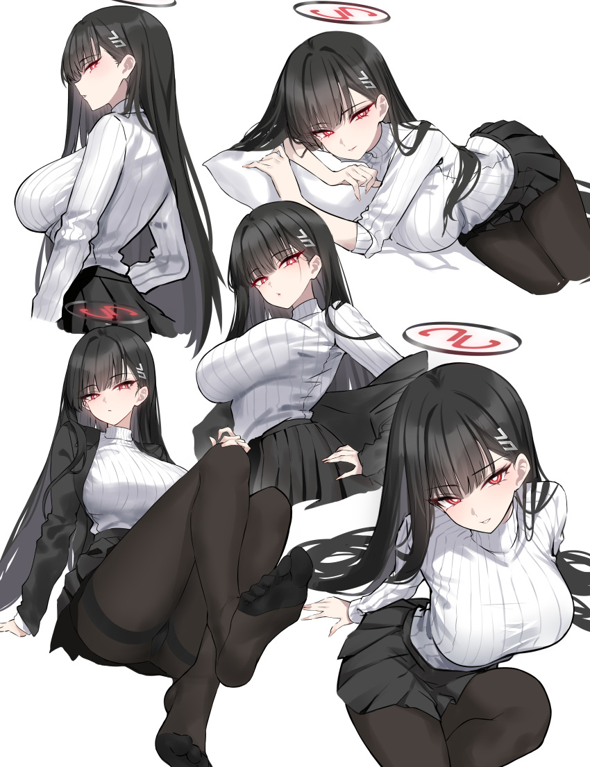 Rule 34 – 1girls absurdres black hair black jacket black pantyhose black skirt blue archive breasts closed mouth feet female hair ornament hairclip halo highres jacket large breasts long hair long sleeves looking at viewer lying multiple views open clothes open jacket pantyhose parted lips pillow pleated skirt red eyes rio (blue archive) shigure s simple background skirt smile soles sweater sweater tucked in thighband pantyhose thighs turtleneck turtleneck sweater white background white sweater | 14226155