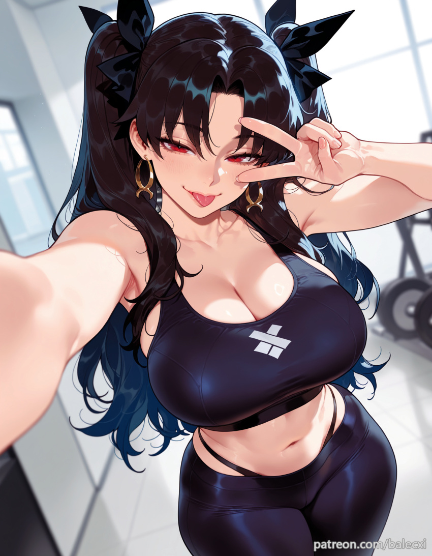 Rule 34 – ai generated alternate breast size balecxi bare shoulders black hair cleavage collarbone fate/grand order female hoop earrings ishtar (fate) jewelry large breasts long hair looking at viewer navel pants parted bangs red eyes selfie smile solo sports bra thighs tongue tongue out two side up underwear v v over eye | 14054281