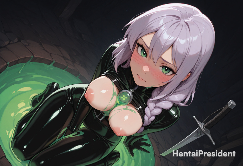 Rule 34 – ai generated areolae bangs black bodysuit black gloves blush braid breasts breasts out breasts out of clothes closed mouth clothing erect nipples erection female female female only hair between eyes hentaipresident large breasts latex latex clothing latex gloves latex suit long hair looking at viewer medium breasts nipples shiny skin sitting slime solo sword uncensored uncensored breasts uncensored nipples viewed from above weapon | 14285009