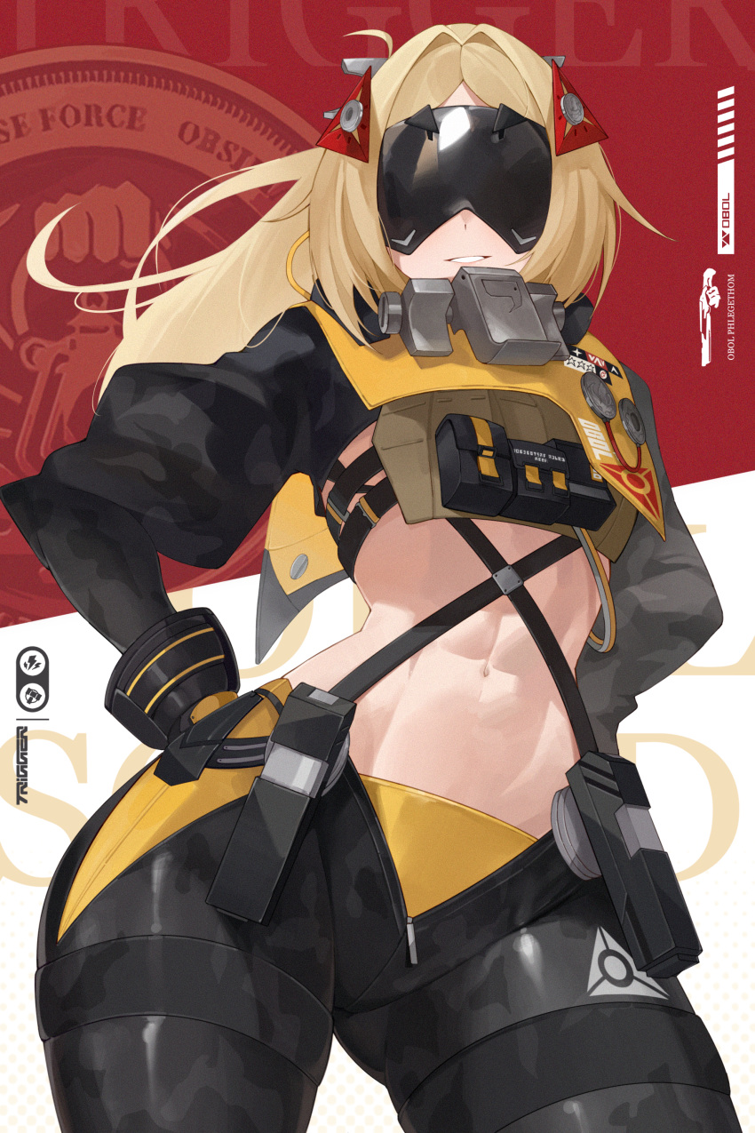 Rule 34 – 1girls abs absurdres black pants blonde hair bulletproof vest camouflage camouflage pants commentary eye mask eye shield female highres long hair pants parted lips skin tight smile solo toned toned female trigger (zenless zone zero) two-tone background weimiaw zenless zone zero | 14182489