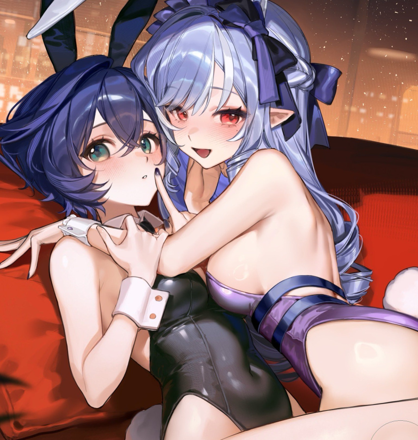 Rule 34 – 2girls alternate costume animal ear hairband animal ears backless leotard bare back belle (zenless zone zero) black leotard black nails blue hair blush breasts couch covered navel detached collar fake animal ears green eyes hairband highres large breasts leotard looking at viewer medium breasts multiple girls on couch open mouth parted lips playboy bunny pointy ears purple hair purple leotard rabbit ear hairband rabbit ears red eyes smilesmile1312 vivian (zenless zone zero) vivian banshee wrist cuffs yuri zenless zone zero | 14133343