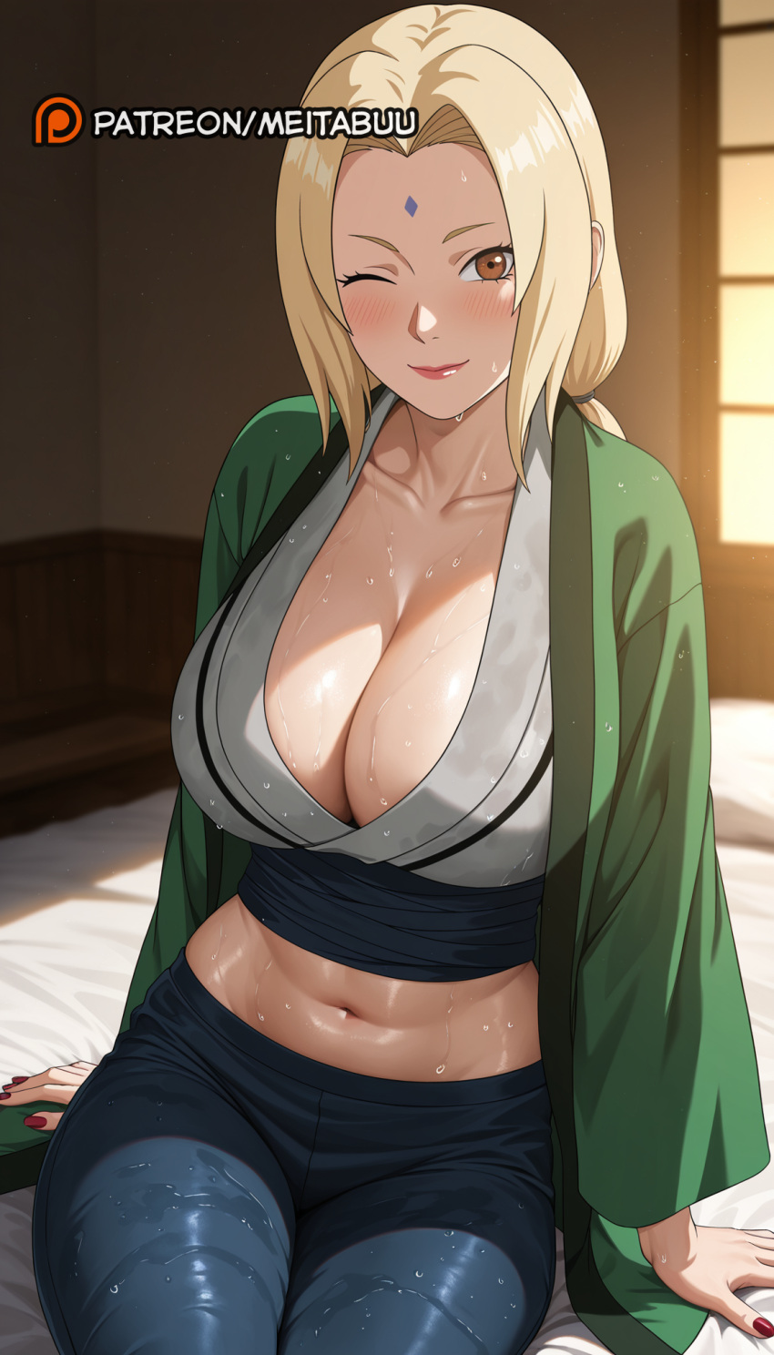 Rule 34 – ;) ai generated blonde hair blue pants blush boruto:naruto next generations breasts brown eyes cleavage closed mouth collarbone crop top cropped shirt denim facial mark female forehead forehead mark green jacket grey kimono haori happi indoors jacket japanese clothes jeans kimono large breasts lips long hair long sleeves looking at viewer low twintails makeup mature female meitabuu midriff nail polish naruto naruto(series) naruto (series) navel one eye closed pants patreon username red lips red nails sash sitting smile solo stomach sweat sweaty clothes tsunade tsunade (naruto) twintails wet wide sleeves | 14015656
