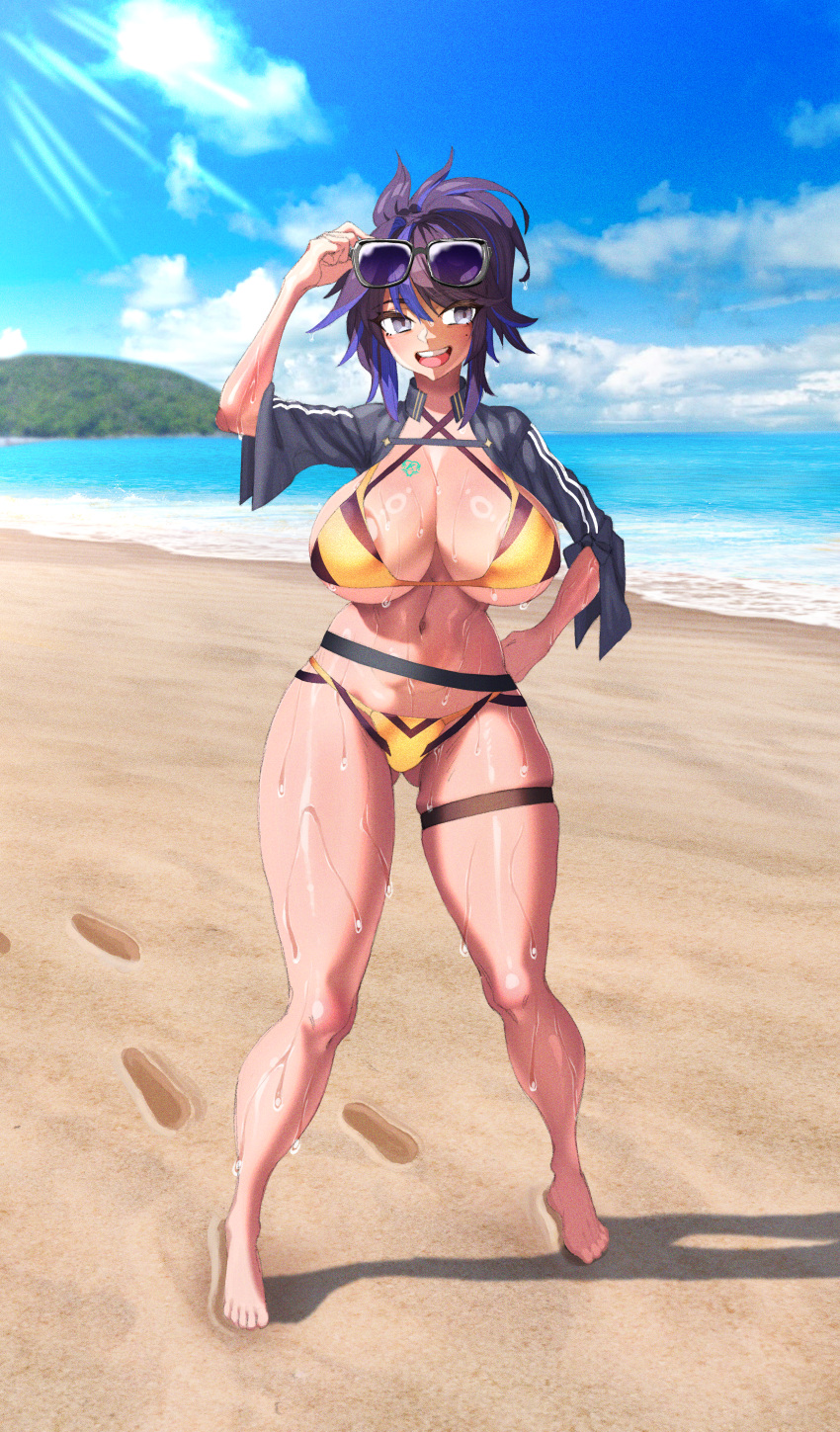 Rule 34 – 1girls areola slip areolae barefoot beach big breasts blue eyes blue sky breasts cleavage eyewear eyewear on head feet female female only huge breasts kson onair makinakid mole under eye multicolored hair open mouth outdoors purple hair smile solo sunglasses swimsuit thick thighs thigh gap tied hair tinted eyewear vshojo wet wet body | 14210913