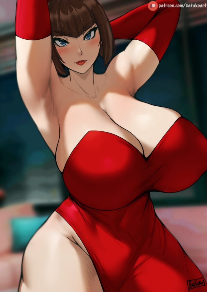 Rule 34 – armpits arms up artist name bangs bare shoulders blue eyes blurry blurry foreground blush breasts brown hair cleavage depth of field dress female huge breasts motion blur red dress solo strapless watermark web address | 14406788