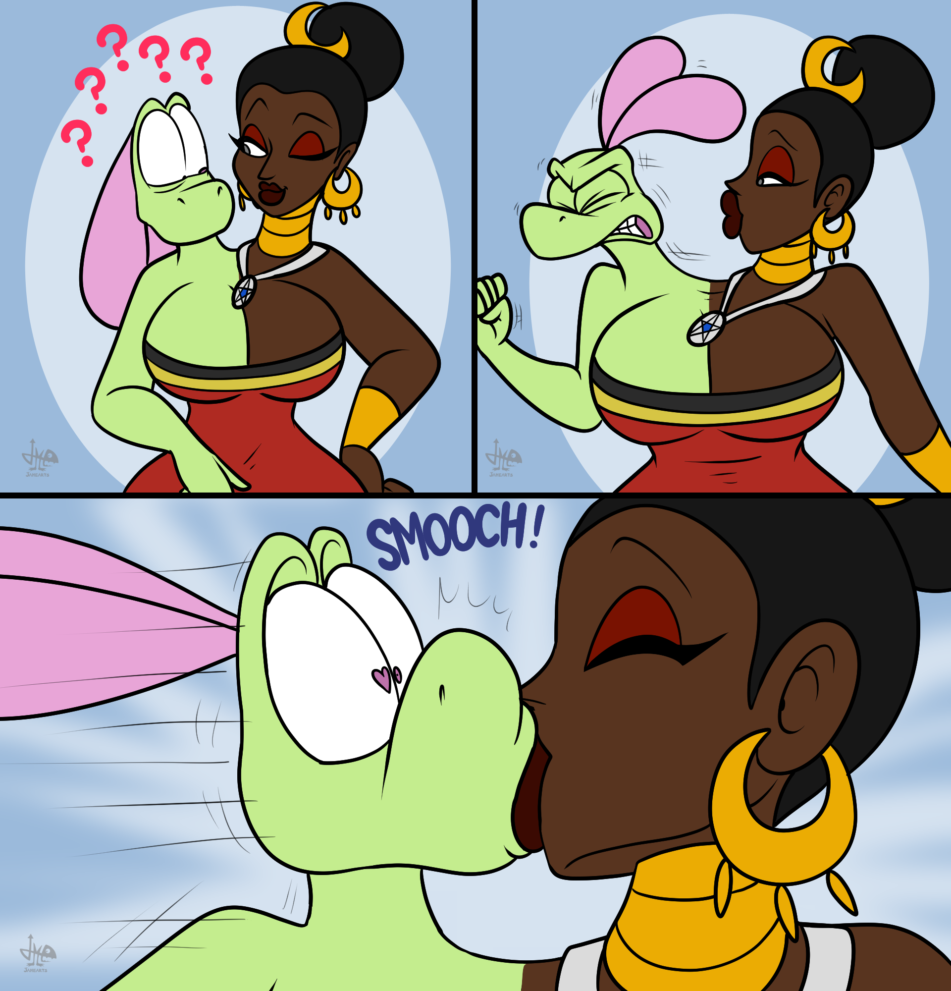 Rule 34 – 1boy 1girls 2 heads 2d 2d (artwork) 2d artwork breasts comic dark skin dark skinned female digital drawing (artwork) digital media (artwork) earrings eyelashes eyeshadow fused gold gold jewelry green body green scales green skin hand on hip heart-shaped pupils human human female jamearts jimmy’s sloppy life jimmy (jamearts) kissable lips kissing lips lizard lizardman navel navel visible through clothes panels puckered lips red eyeshadow scalie scalie male trying to escape weird wink winking winking at partner | 14496508