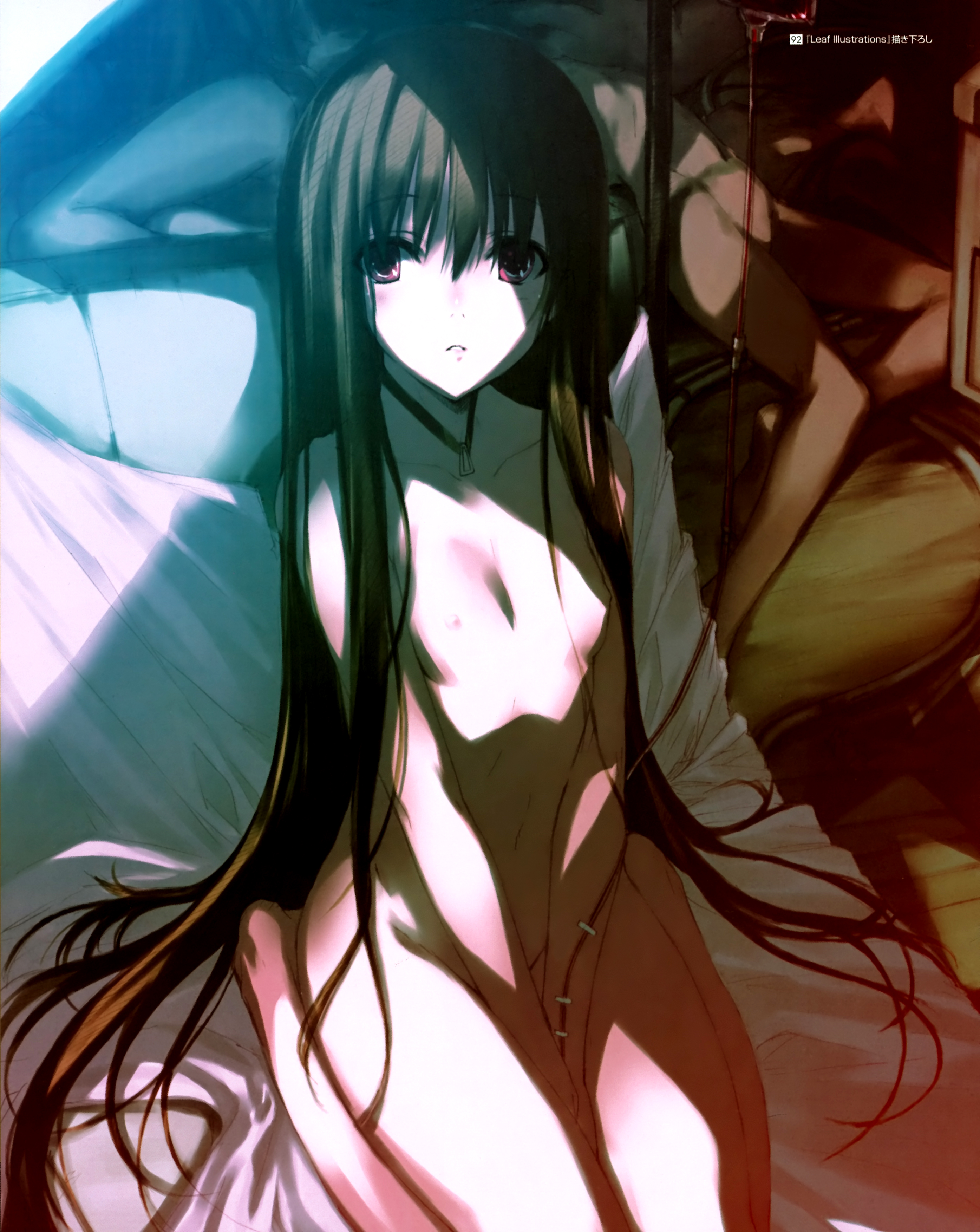 Rule 34 – 1girls barefoot bed between legs black hair blush breasts choker female flat chest harem highres intravenous drip kawata hisashi long hair nipples nude original pointy chin red eyes seiza sitting solo straight hair uncensored v arms very long hair | 3863