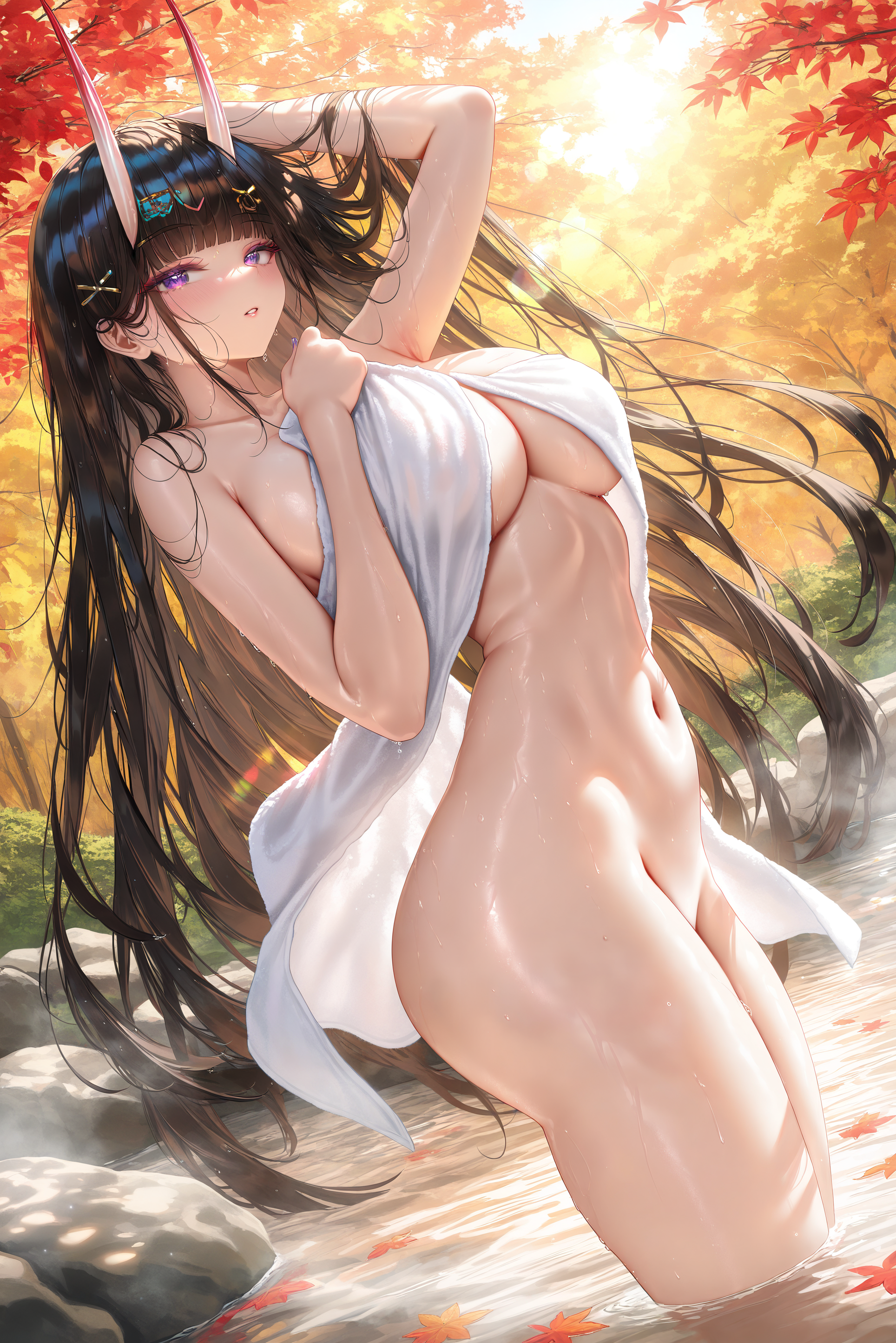 Rule 34 – ai generated ai generated illustration azur lane black hair hot spring large breasts noshiro (azur lane) oni horns see-through towel towel wet towel | 14505539