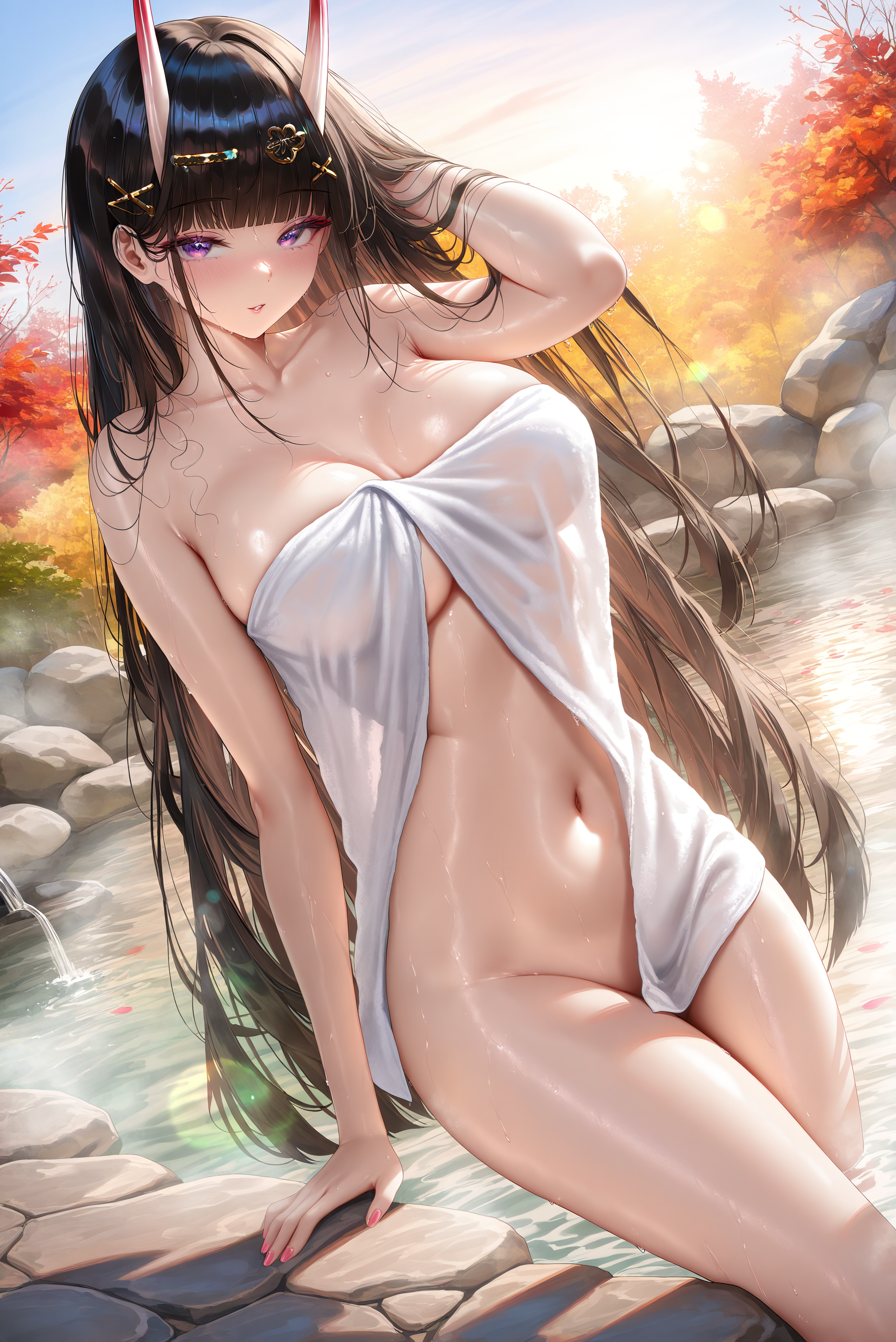 Rule 34 – ai generated ai generated illustration azur lane black hair hot spring large breasts noshiro (azur lane) oni horns see-through towel towel wet towel | 14505536