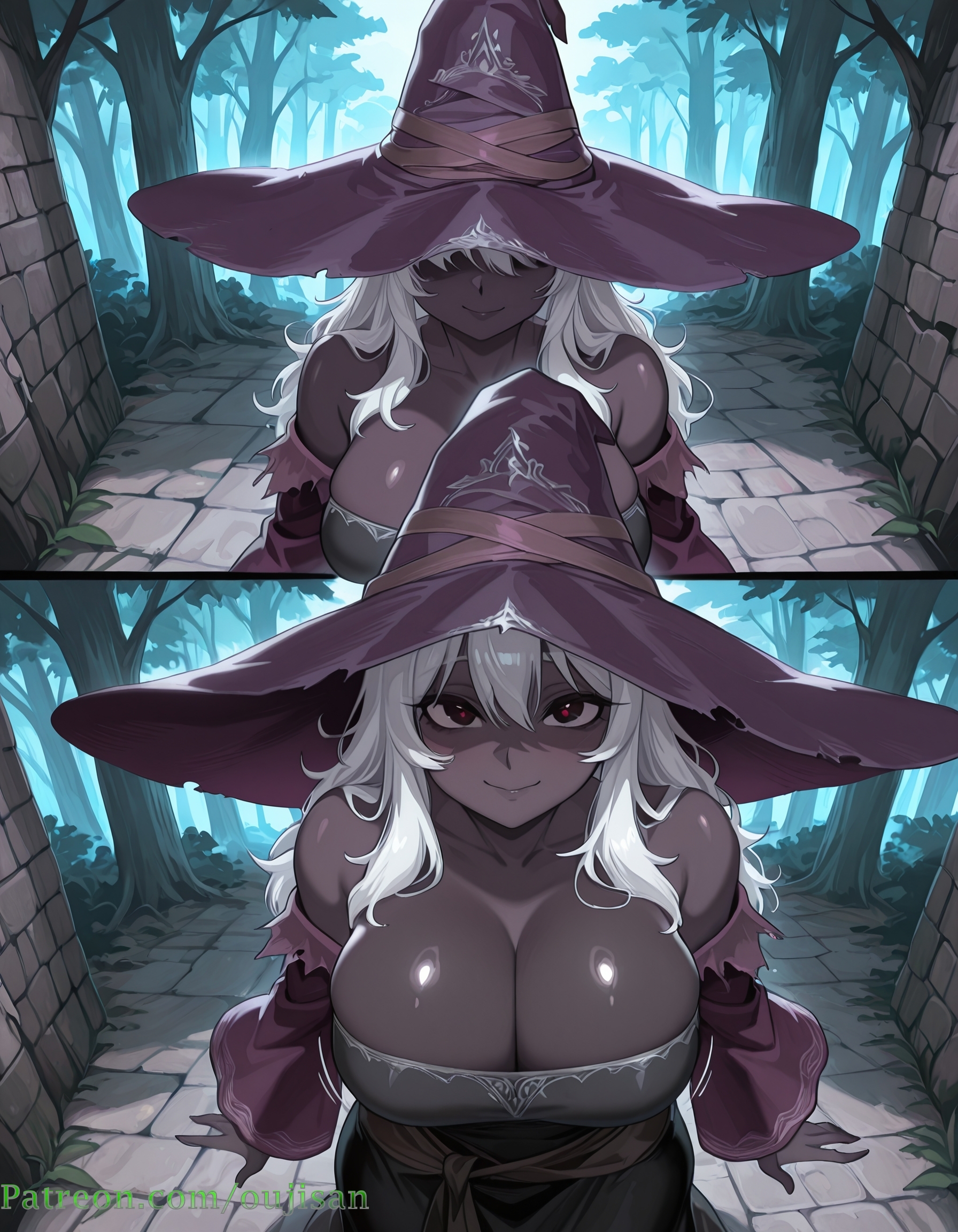 Rule 34 – ai art ai assisted ai generated bare shoulders breasts cleavage collarbone comic dark-skinned female dark skin detached sleeves dress elden ring elden ring nightreign female forest fromsoftware hair between eyes hat large breasts long hair looking at viewer nature oujisan outdoors patreon patreon url patreon username recluse (elden ring) recluse (nightreign) red eyes shaded face shiny shiny skin smile tagme white hair witch witch hat | 14516096