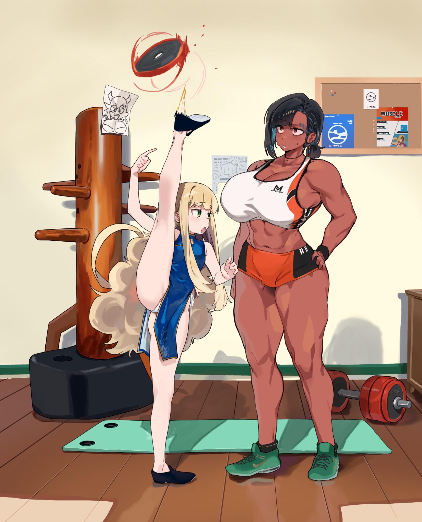 Rule 34 – 2girls abs bare shoulders biceps black hair blonde hair blue dress blush breasts brown eyes china dress chinese clothes cleavage dark-skinned female dark skin dress dumbbell full body green eyes gym high kick highres kicking large breasts leg lift leg up long hair looking at another magister magister (bigbakunyuu) minami (magister) multiple girls muscular muscular female navel open mouth orange panties original panties pelvic curtain ponytail shiratama liliana (magister) short hair short ponytail small breasts split sports bra standing standing on one leg standing split thick thighs thighs underwear white sports bra | 14535965