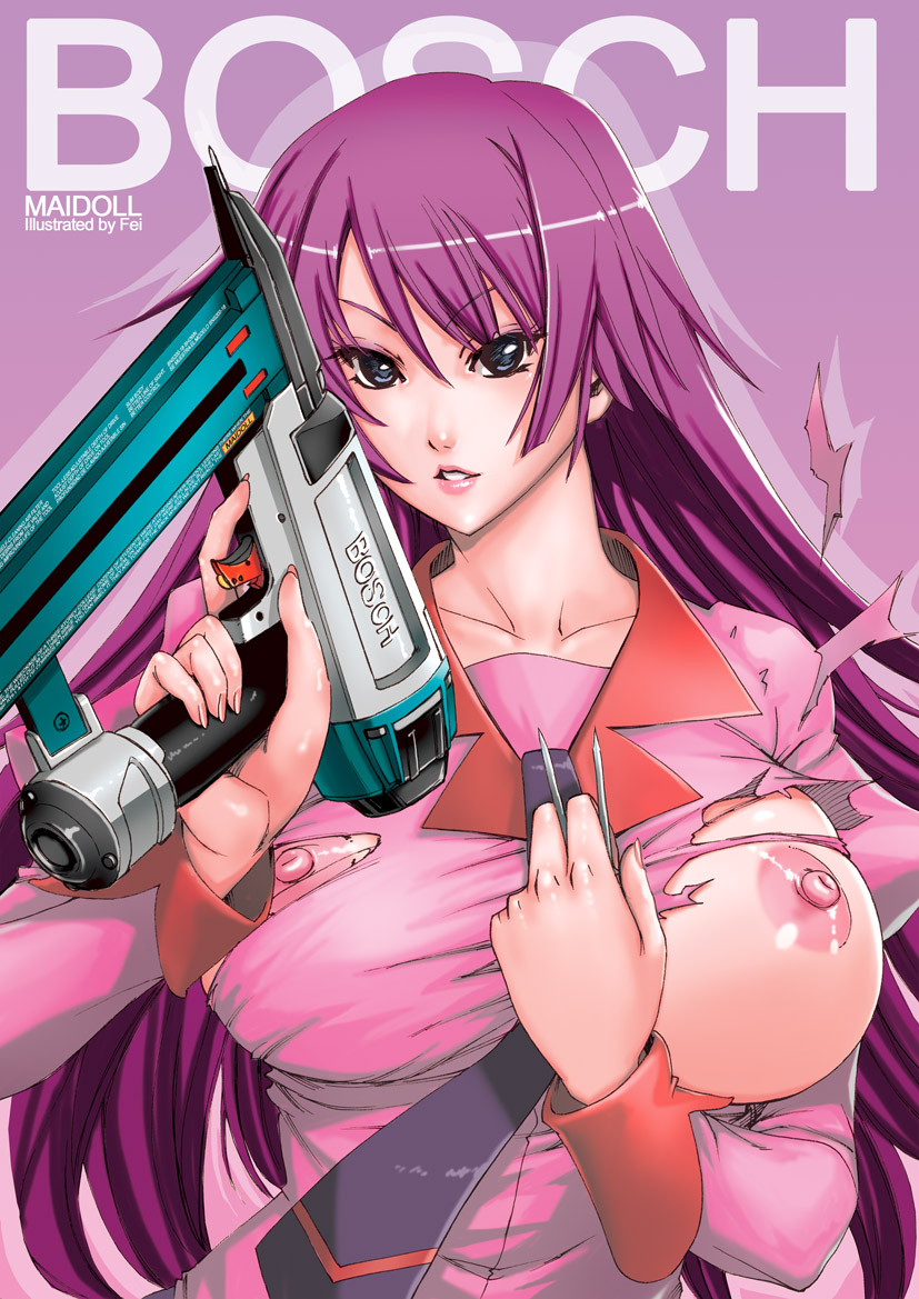 Rule 34 – 1girls bakemonogatari blue eyes breasts bust fei (maidoll) female fingernails gun large breasts lips long hair long nails looking at viewer monogatari (series) nail gun nail polish necktie nipples parted lips pink nails purple hair school uniform senjougahara hitagi solo tearing clothes torn clothes trigger discipline weapon | 11559