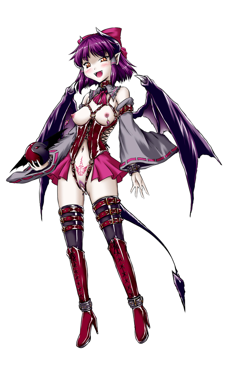 Rule 34 – bat wings belt blush boots bow breasts censored collar dark persona demon demon girl demon wings detached collar detached sleeves evil female female only highres horns knee boots labia piercing midriff monster girl nipple piercing nipples orange eyes piercing pubic tattoo purple hair pussy reimu hakurei ribbon short hair solo tattoo thighhighs touhou wings yin yang yuzu momo | 11629