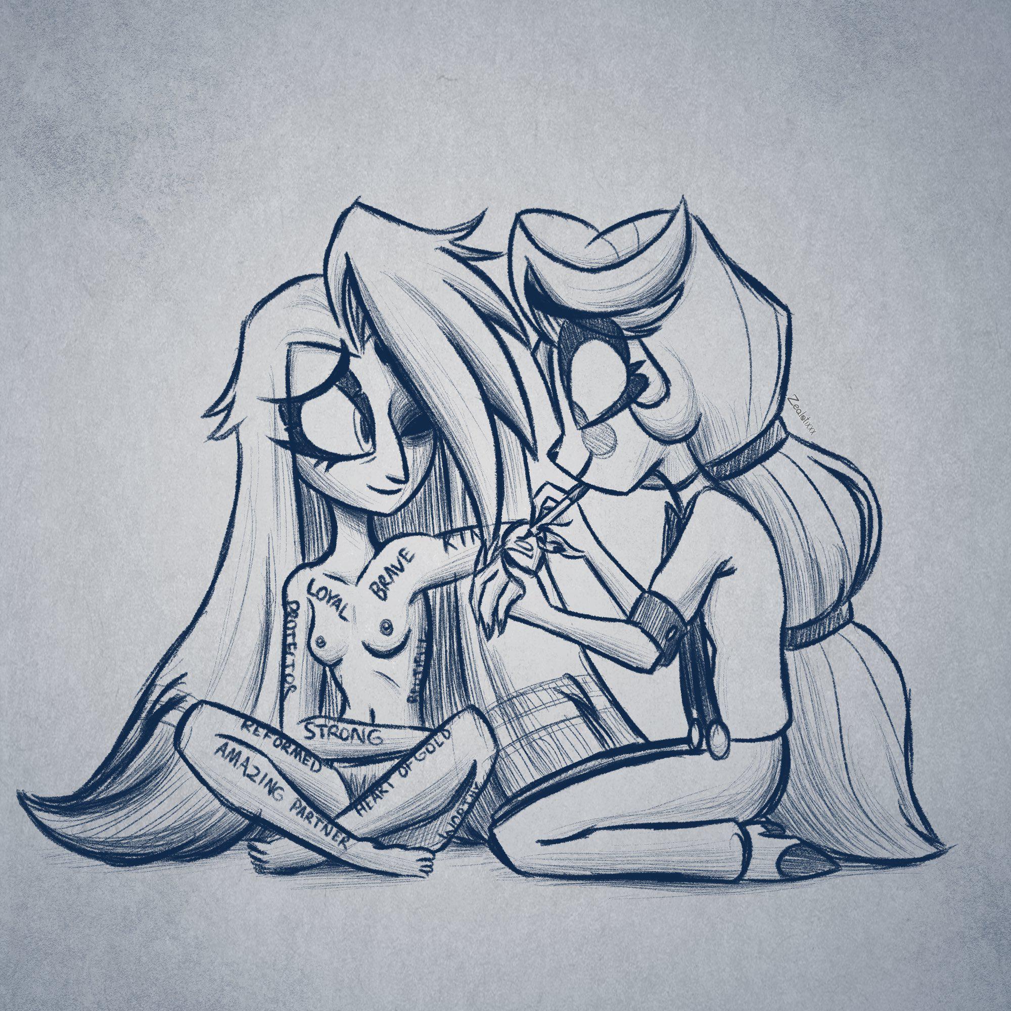 Rule 34 – body writing canon couple charlie morningstar (hazbin hotel) female female only hazbin hotel long hair vaggie (hazbin hotel) wholesome writing on body zealotiv | 14559675