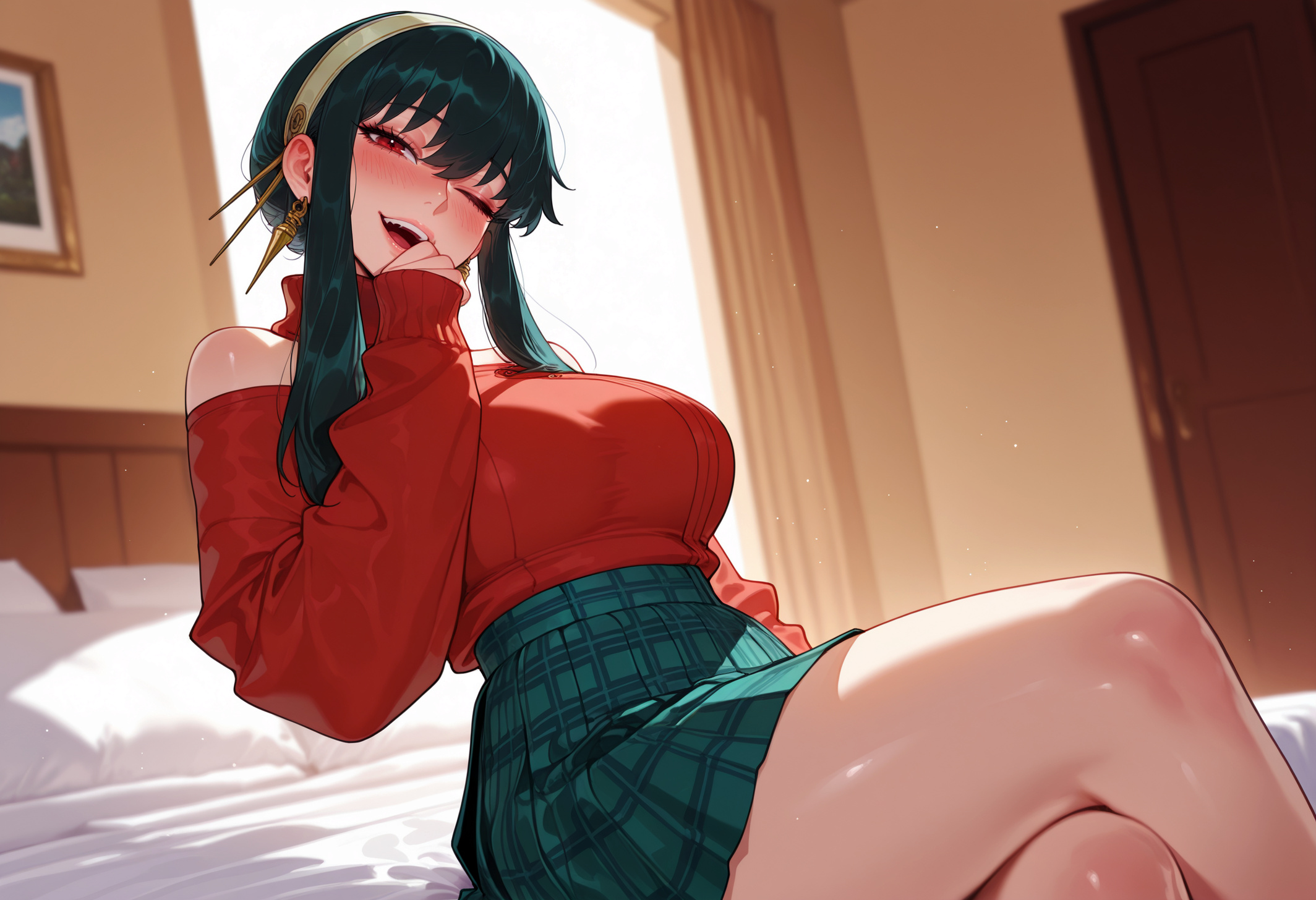 Rule 34 – 1girls ;d ai generated balecxi bangs bare legs bare shoulders bed bed sheet bedroom black hair blush breasts clothing crossed legs curtains curvaceous curvaceous female curvaceous figure curvy curvy figure earrings female female female focus gold earrings gold hairband green skirt hair ornament hairband hand to own mouth headwear high-waist skirt indoors jewelry large breasts long hair long sleeves looking at viewer miniskirt no legwear off-shoulder sweater off shoulder on bed one eye closed open mouth picture frame pillow plaid plaid skirt pleated skirt red eyes red sweater short hair with long locks sidelocks sitting skirt sleeves past wrists smile solo spy x family sweater sweater tucked in teeth thighs turtleneck turtleneck sweater upper teeth only voluptuous voluptuous female white hairband window yor briar yor forger | 14574291