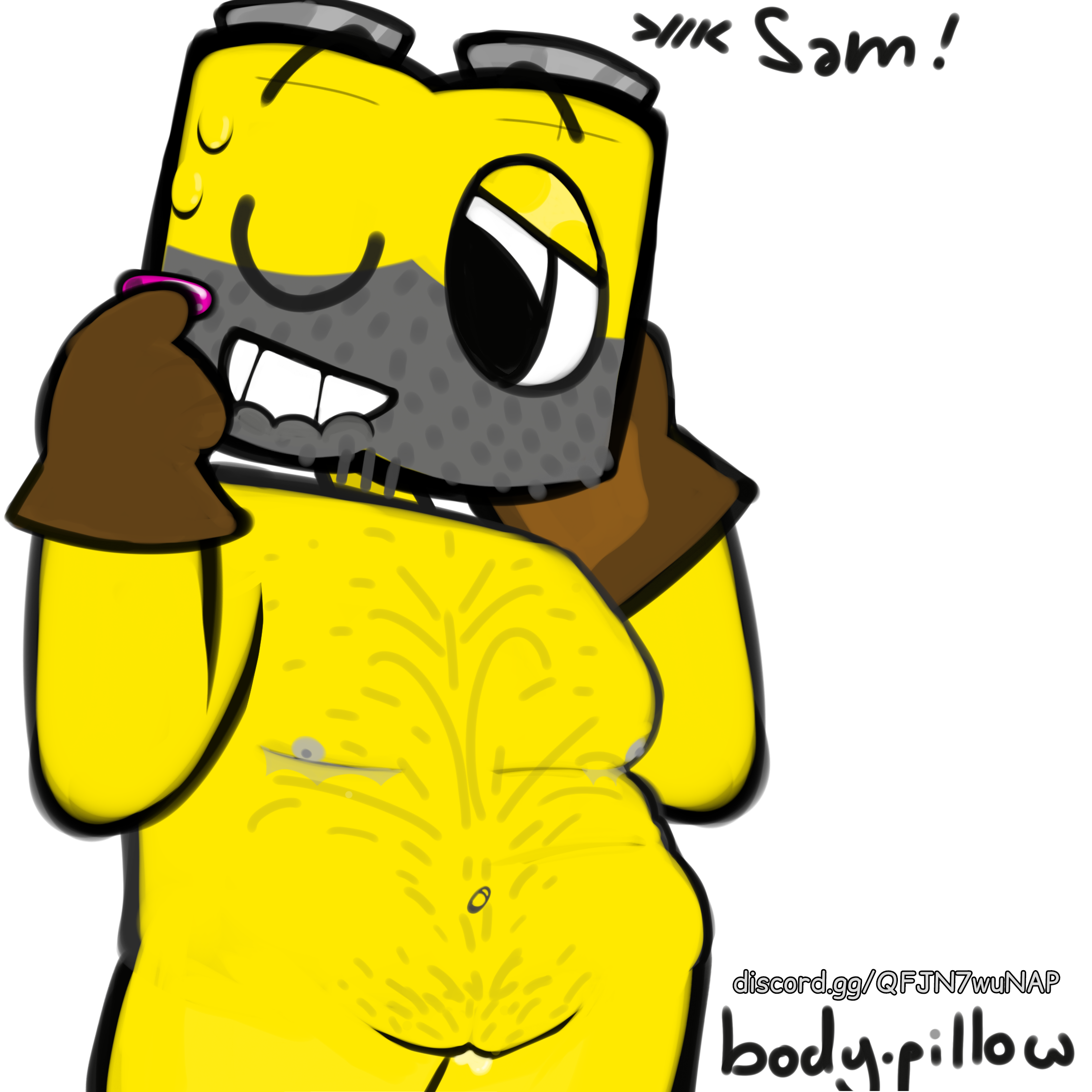 Rule 34 – beard belly bodily fluids body.pillow (artist) body hair chest hair facial hair for a head genitals hi res humanoid looking at viewer male male/male object head one eye closed sam (dandy’s rooms) slightly chubby solo sweat text trans (lore) trans man (lore) url vulva wink winking at viewer | 14579315