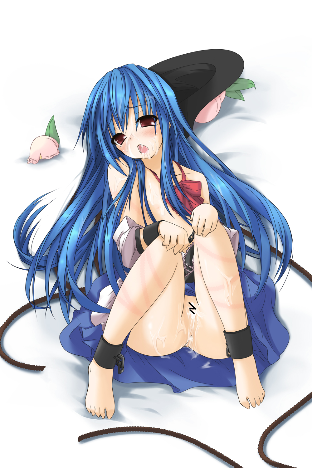 Rule 34 – after sex barefoot blue hair bondage bottomless censored cuffs cum cum in mouth ebisu tarou (pixiv74279) facial feet female femsub hat hat removed headwear removed highres mikago kotaro no panties nude pussy red eyes slave submissive tenshi hinanawi topless touhou whip marks | 24198